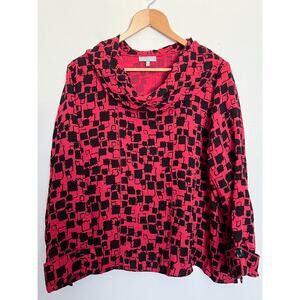 Habitat Top XL Red Black Geometric Crinkle Cowl Boxy Blouse Shirt